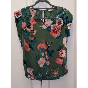 Green Flower Blouse with Criss Crossed Design